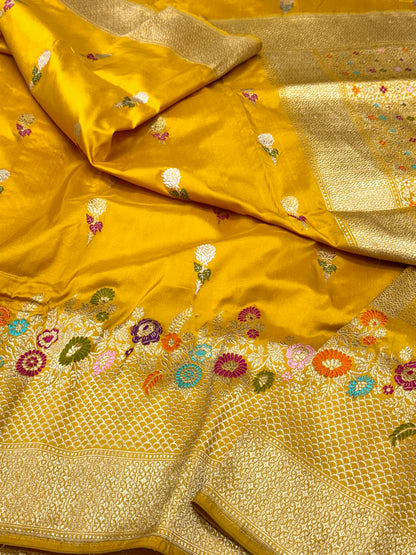 Gold Yellow Pure Katan Mulberry Silk Handwoven Banarasi Saree  Kadhwa Weave