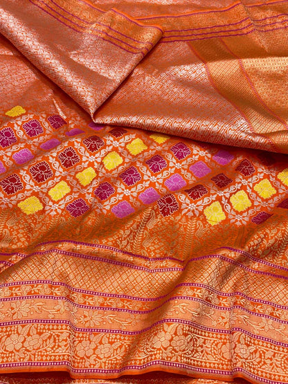 Orange Pure Mulberry Katan Silk Handwoven Banarasi Brocade Saree - Kadhwa Weave