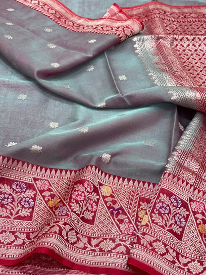 Iron Gray/Dual Tone Pure Mulberry Kora Silk Handowoven Kadhwa Ektara Banarasi Saree - Modern Lightweight Saree