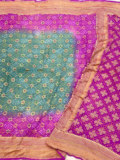 Green/Purple Pure Chiffone Georgette Handloom Bandhej Banarasi Saree - Lightweight Soft Saree