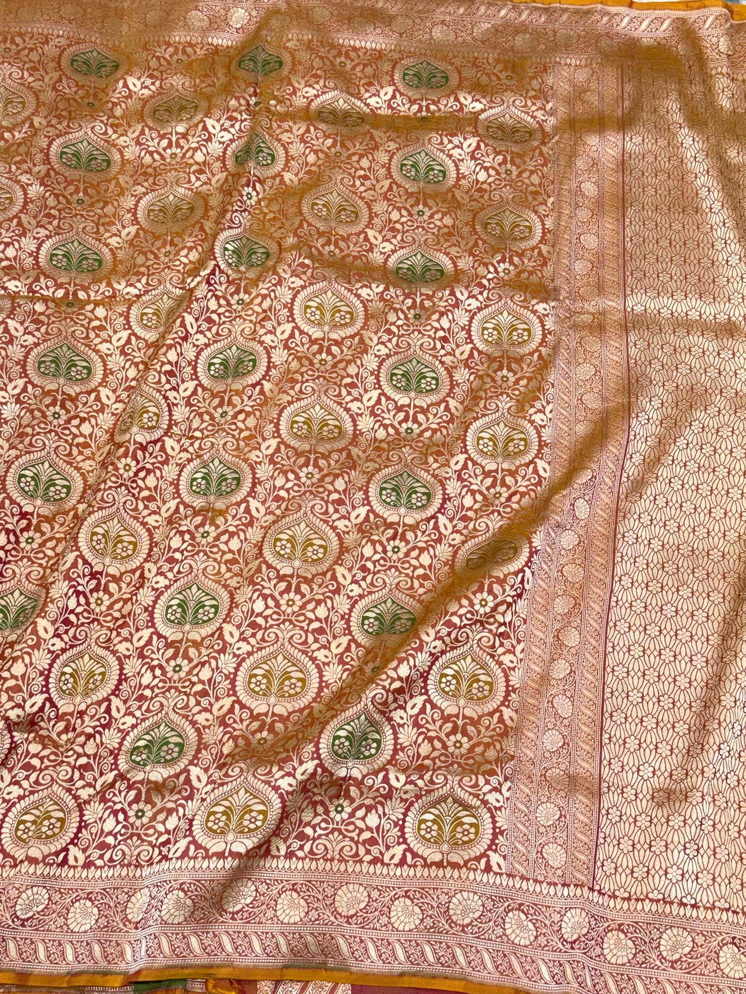 Gold Brown Dual Tone Pure Katan Mulberry Silk Handloom Banarasi Brocade Saree