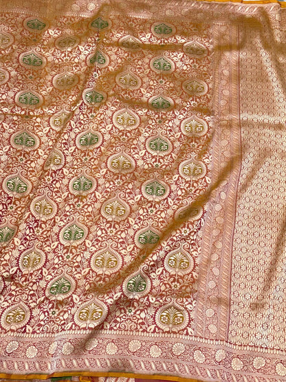 Gold Brown Dual Tone Pure Katan Mulberry Silk Handloom Banarasi Brocade Saree