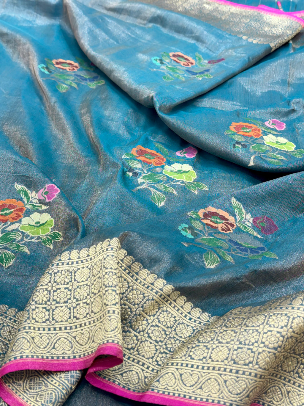 Peacock Blue Pure Double Katan Tissue Silk Ektara Handwoven Banarasi Saree
