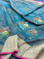 Peacock Blue Pure Double Katan Tissue Silk Ektara Handwoven Banarasi Saree
