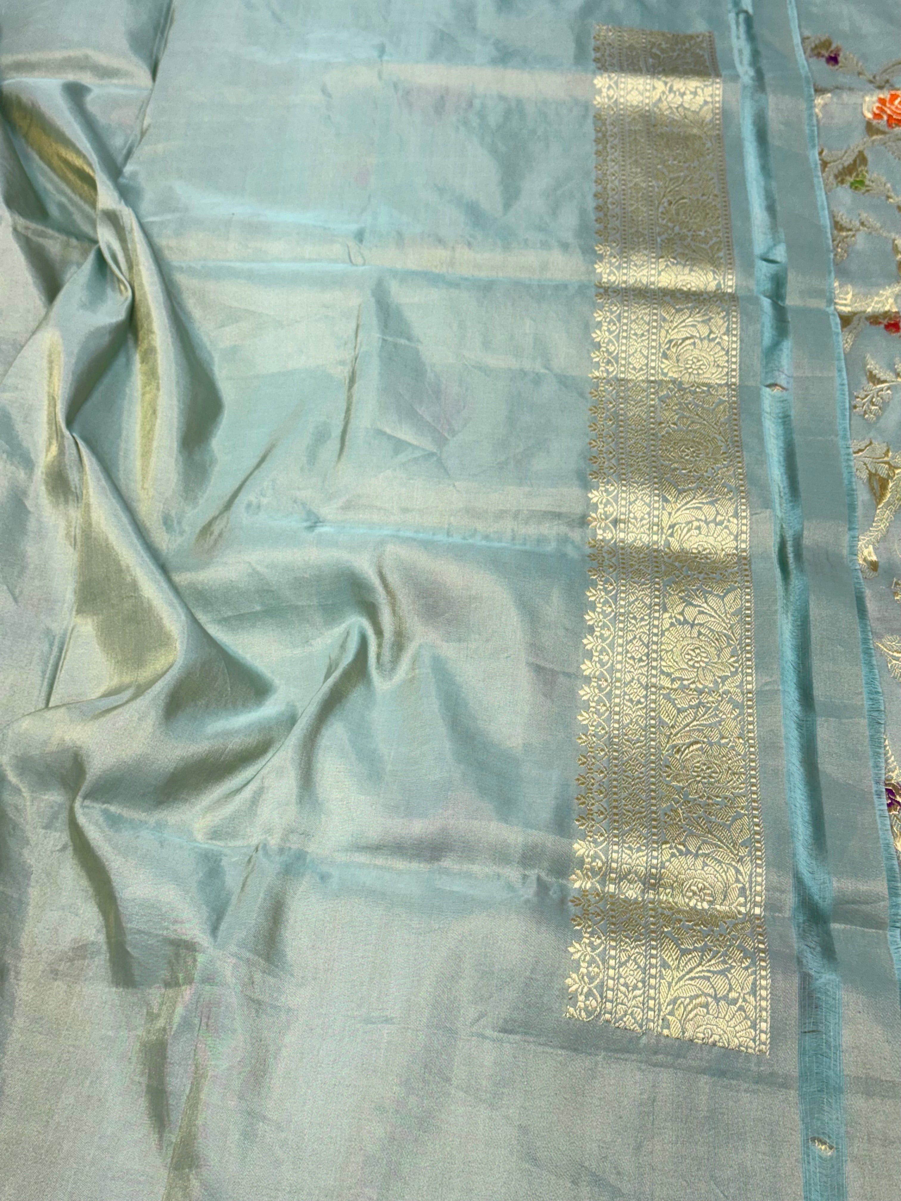 Turqoise Blue Pure Double Katan Tissue Silk Handwoven Banarasi Saree
