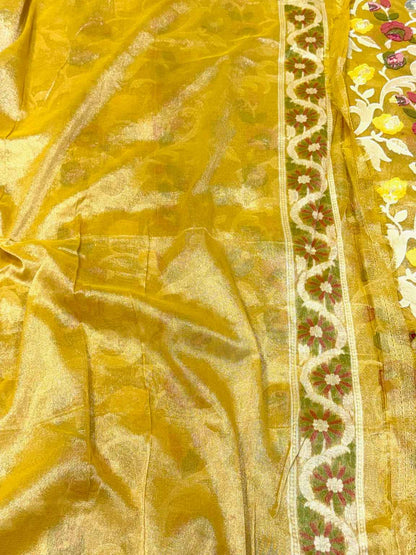 Mustard Yellow Pure Muslin Cotton Tissue Silk Jamdani Handloom Exclusive Banarasi Lightweight Saree