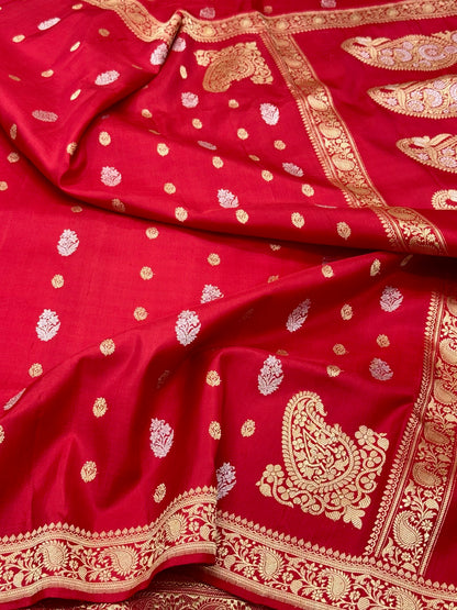 Red Banarasi Pure Katan Mulberry | Kadhwa Weave | Handwoven Vintage Premium Banarasi Saree