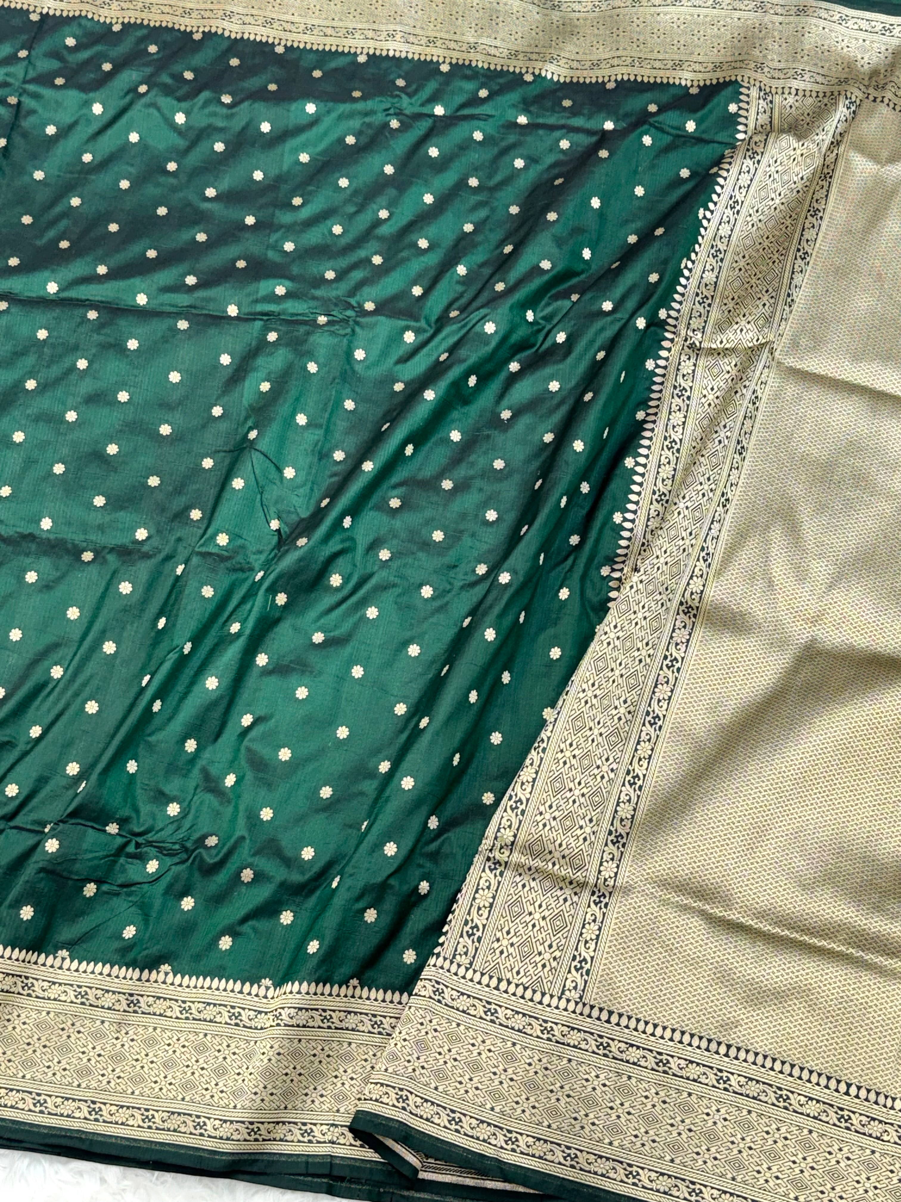 Bottle Green Pure Mulberry Katan Silk Handloom Banarasi Saree