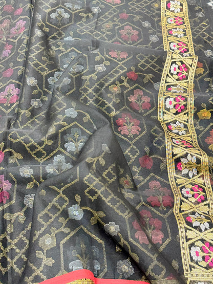 Black Pure Kora Organza Silk Jamdani Ektara Weave Handloom Banarasi Saree