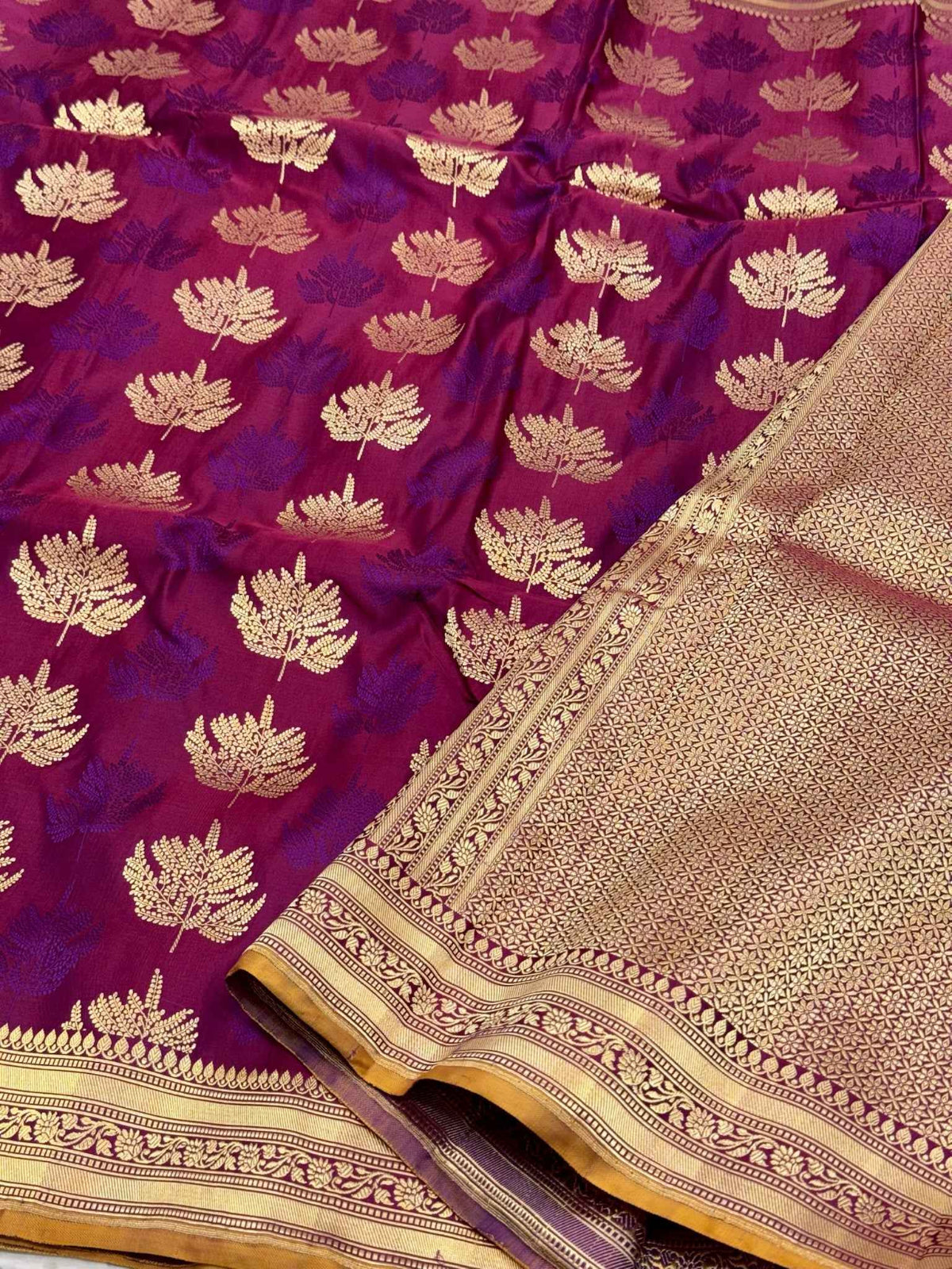Dark Magenta Pure Satin Silk Soft Drape Handwoven Banarasi Saree