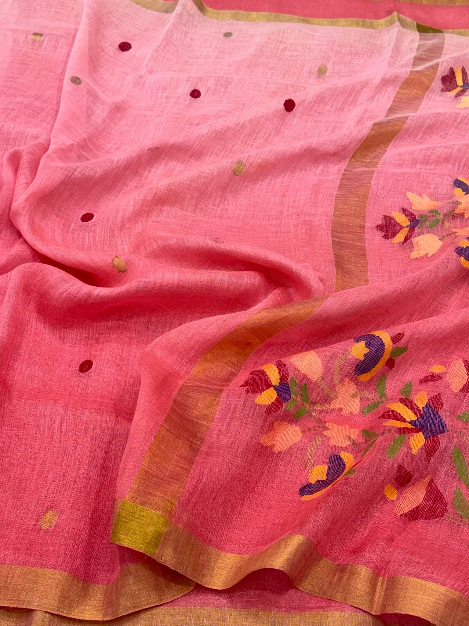 Pink Dual Tone Pure Linen Handwoven | Kadhwa Technique | Banarasi Saree
