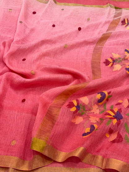 Pink Dual Tone Pure Linen Handwoven | Kadhwa Technique | Banarasi Saree