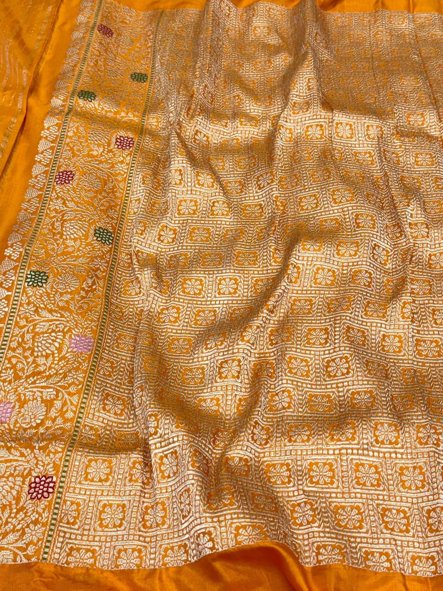 Gray/Mustard Yellow Handwoven Ektara Banarasi Saree - Pure Mulberry Katan Silk | Six Yards Luxury