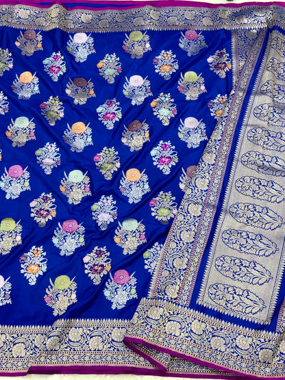 German Blue Pure Mulberry Katan Silk  Handwoven Banarasi Saree