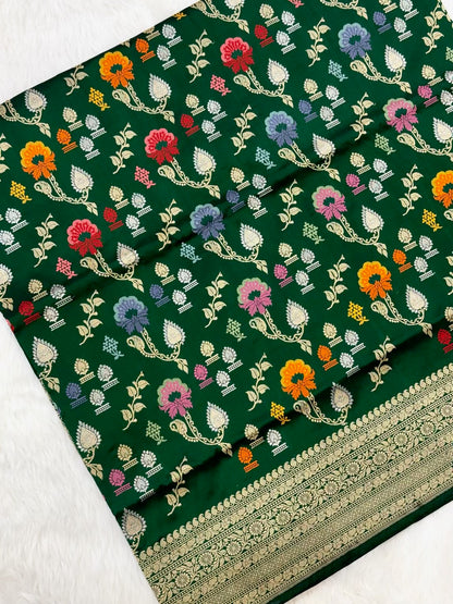 Bottle Green Pure Mulberry Katan Silk Handwoven Banarasi Saree