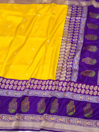Yellow/Purple Pure Mulberry Katan Silk Handwoven Banarasi Saree -  Kadhiyal weave