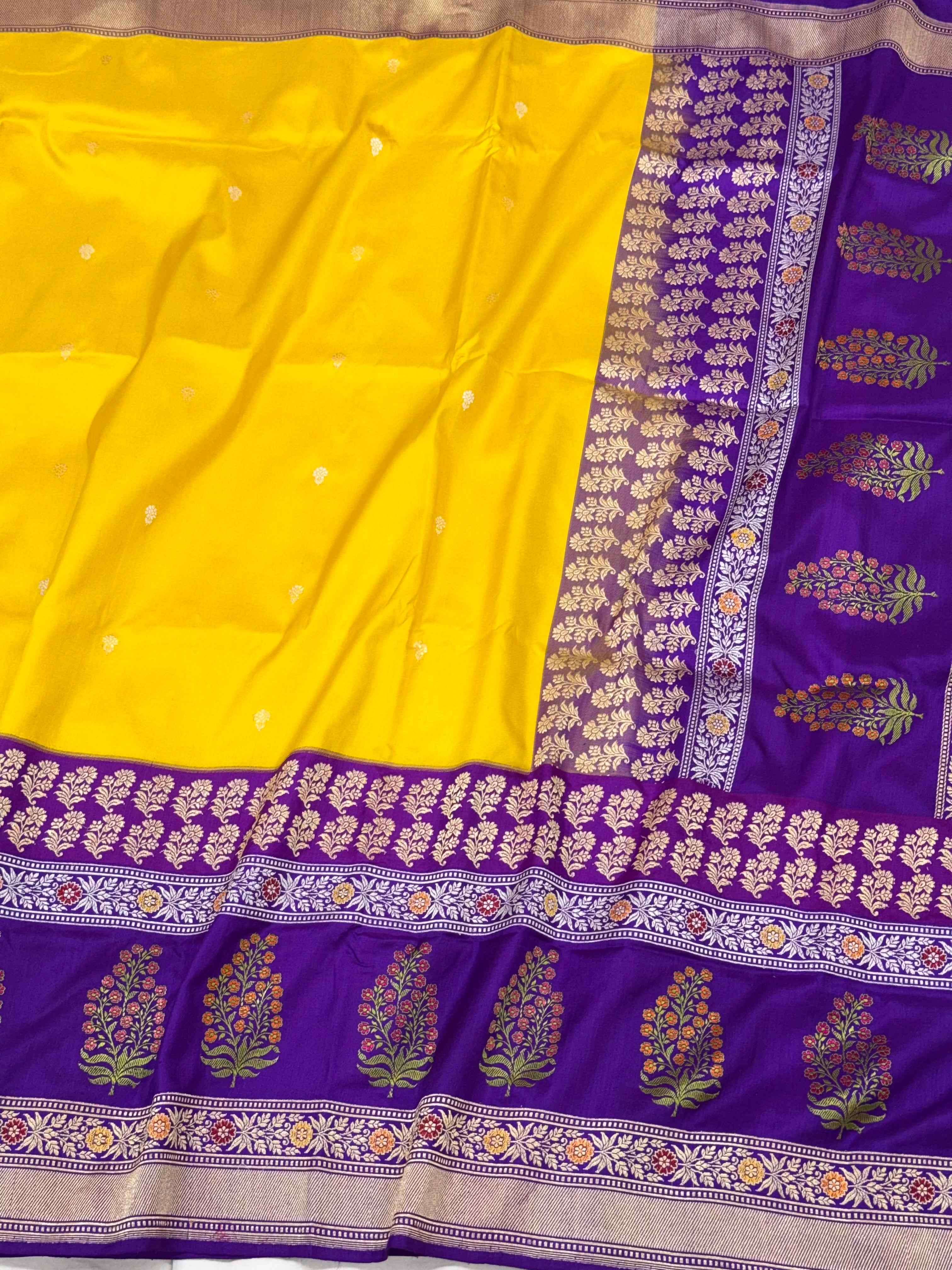 Yellow/Purple Pure Mulberry Katan Silk Handwoven Banarasi Saree -  Kadhiyal weave