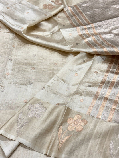 Ivory Pure Raw Mango Silk Handwoven Banarasi Saree