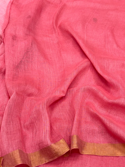 Pink Dual Tone Pure Linen Handwoven | Kadhwa Technique | Banarasi Saree