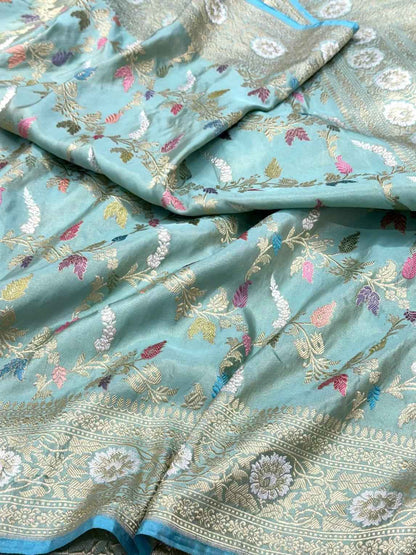 Turquoise Blue Pure Katan Silk Saree - Pure Tissue Silk Handwoven Saree | Premium Kadhwa Weave Banarasi Silk Saree