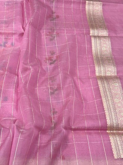 Candy Pink Pure Kora Mulberry Silk Handloom Banarasi Saree - Ektara Jamdani Banarasi Saree