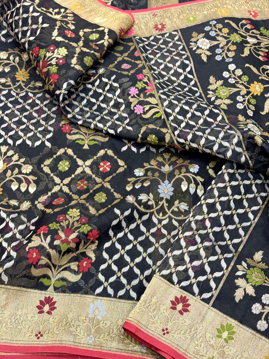 Black Pure Kora Organza Silk Jamdani Handwoven Banarasi Saree