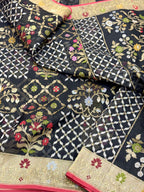 Black Pure Kora Organza Silk Jamdani Handwoven Banarasi Saree