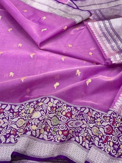 Lilac Pink  Pure Mulberry Kora Silk Handwoven Banarasi Saree