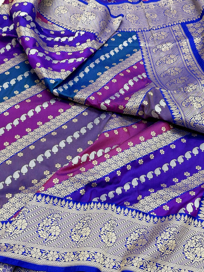 Blue Pure Mulberry Katan Silk Handwoven Banarasi Saree |Rangkaat|