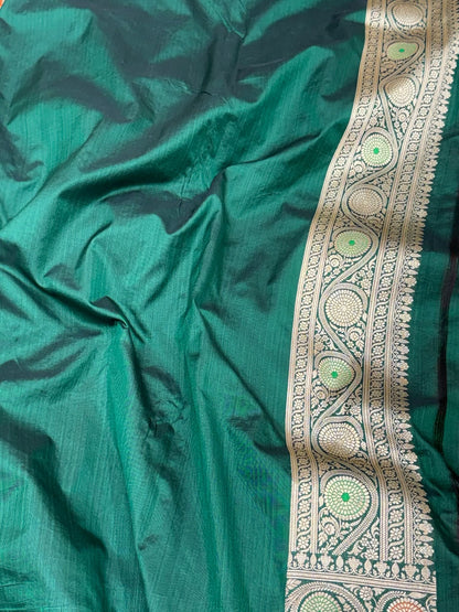 Bottle Green Pure Katan Mulberry Silk Handloom Banarasi Meenakari Saree