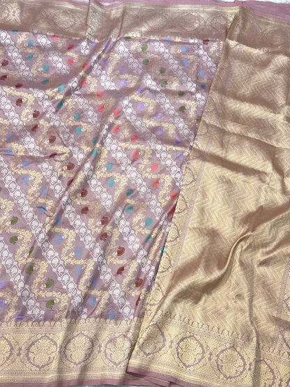 Mauve Pink Pure Katan Silk Saree | Kadhwa Technique | Handwoven Banarasi Saree | 100% Pure Mulberry Silk Saree
