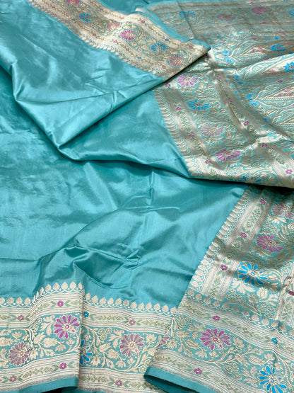 Aqua Blue Pure Mulberry Katan Silk Handwoven Banarasi Saree