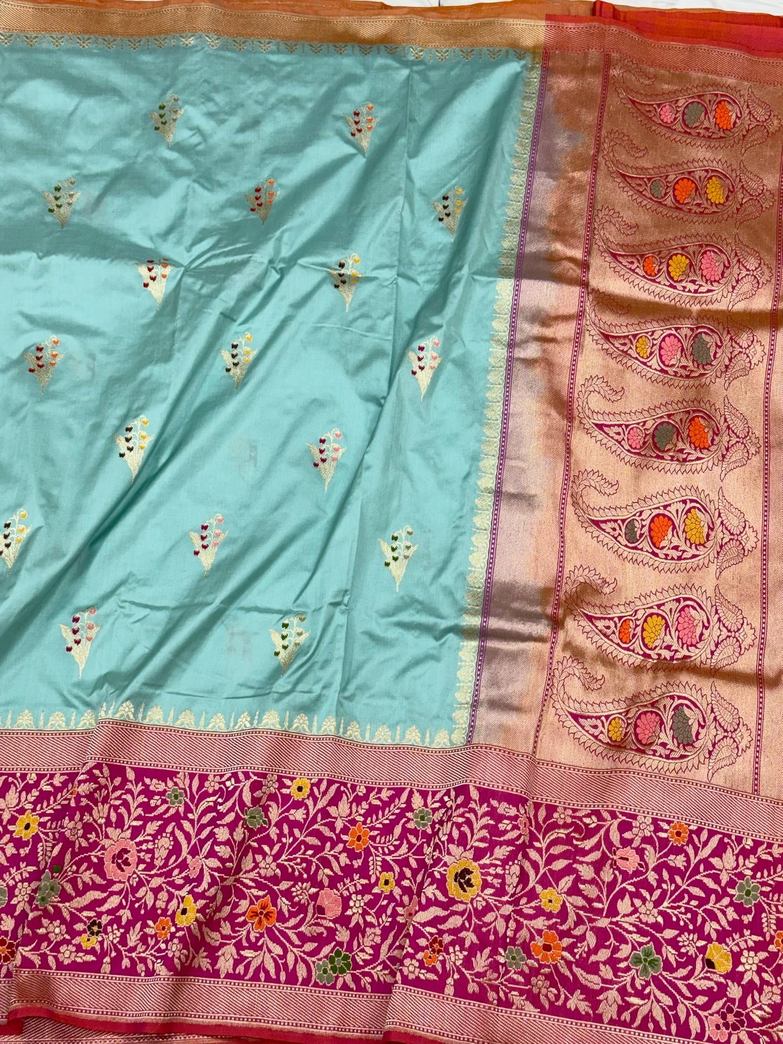 Sky Blue Pure Katan Mulberry Silk Banarasi Saree | Royal Banarasi Handwoven Kadhwa Saree