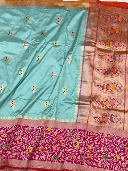 Sky Blue Pure Katan Mulberry Silk Banarasi Saree | Royal Banarasi Handwoven Kadhwa Saree