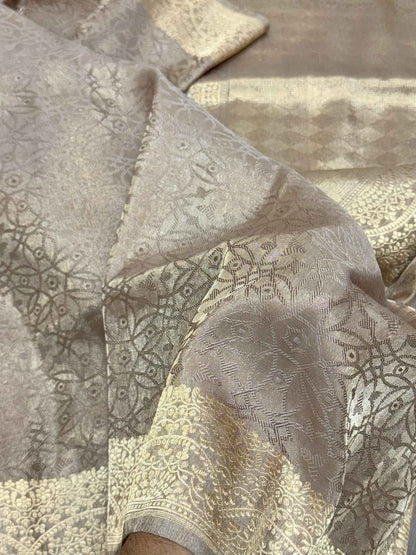 Beige Pure Double Katan Tissue Silk Handwoven Banarasi Silk Saree - Kadhwa Weave Tanchoi