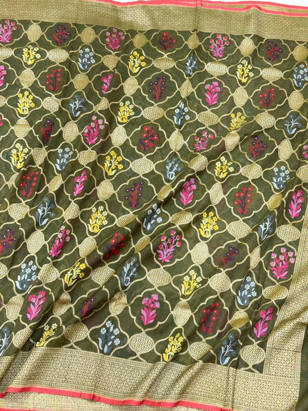 Mehndi Green Pure Muslin Cotton Jamdani Handloom Banarasi Dupatta