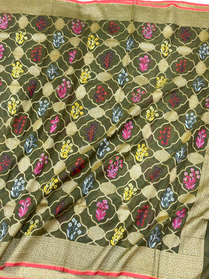 Mehndi Green Pure Muslin Cotton Jamdani Handloom Banarasi Dupatta