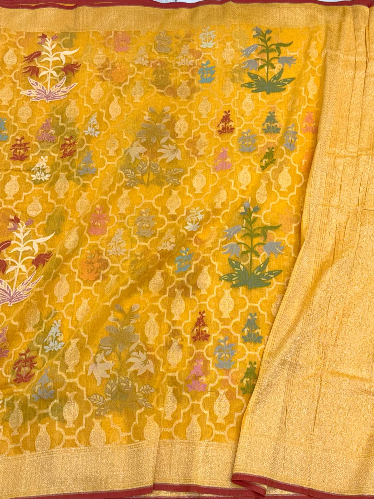 Gold Yellow Pure Muslin Cotton Jamdani | Ektara Technique | Handloom Banarasi Saree