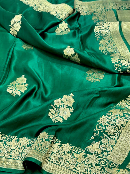Bottle Green Pure Mashru Satin Silk Handwoven Banarasi Saree