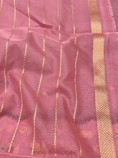 Onion Pink Pure Kora Silk & Mulberry Silk Handwoven Modern Banarasi Saree