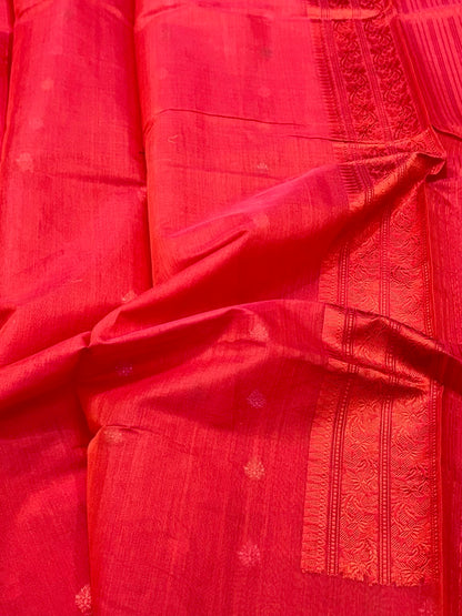 Red Pure Muslin Cotton Handwoven Banarasi Saree - Kadhwa Weave