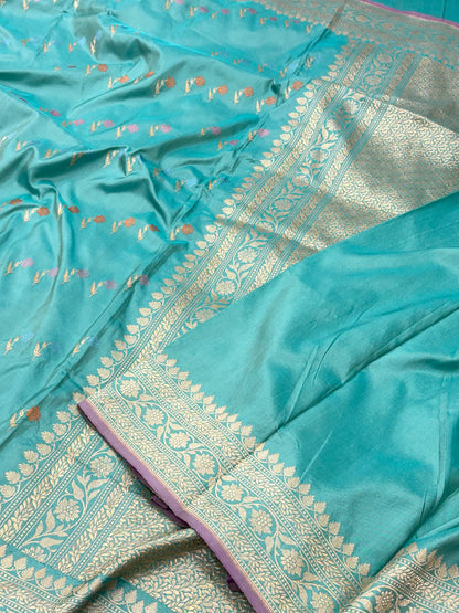 Sky Blue Pure Katan Silk Handwoven Banarasi Saree |Kadhuwa Weave|