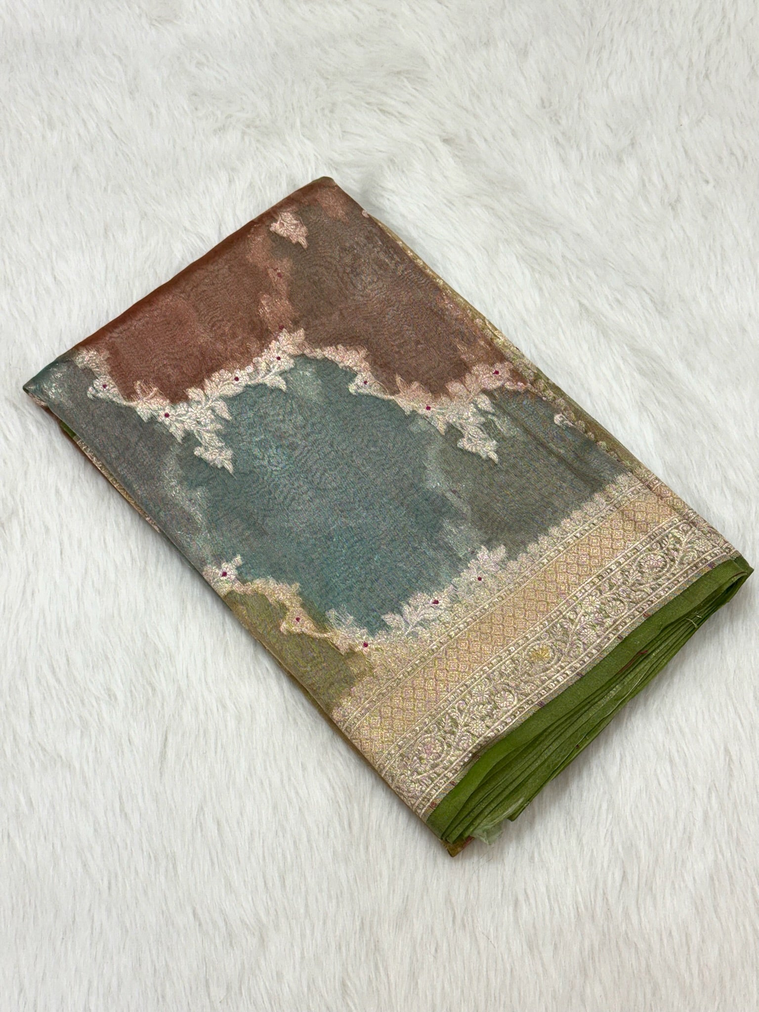 Olive Green Pure Mulberry Tissue Silk Handloom Banarasi Saree |Ektara Weave|