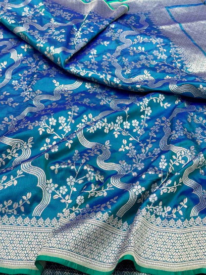 German Blue Pure Katan Mulberry Silk Handloom Banarasi Silk Saree