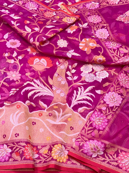 Hot Pink Pure Mulberry Kora Silk Ektara Jamdani Handloom Contemporary Banarasi Saree | Timeless Banarasi Elegance