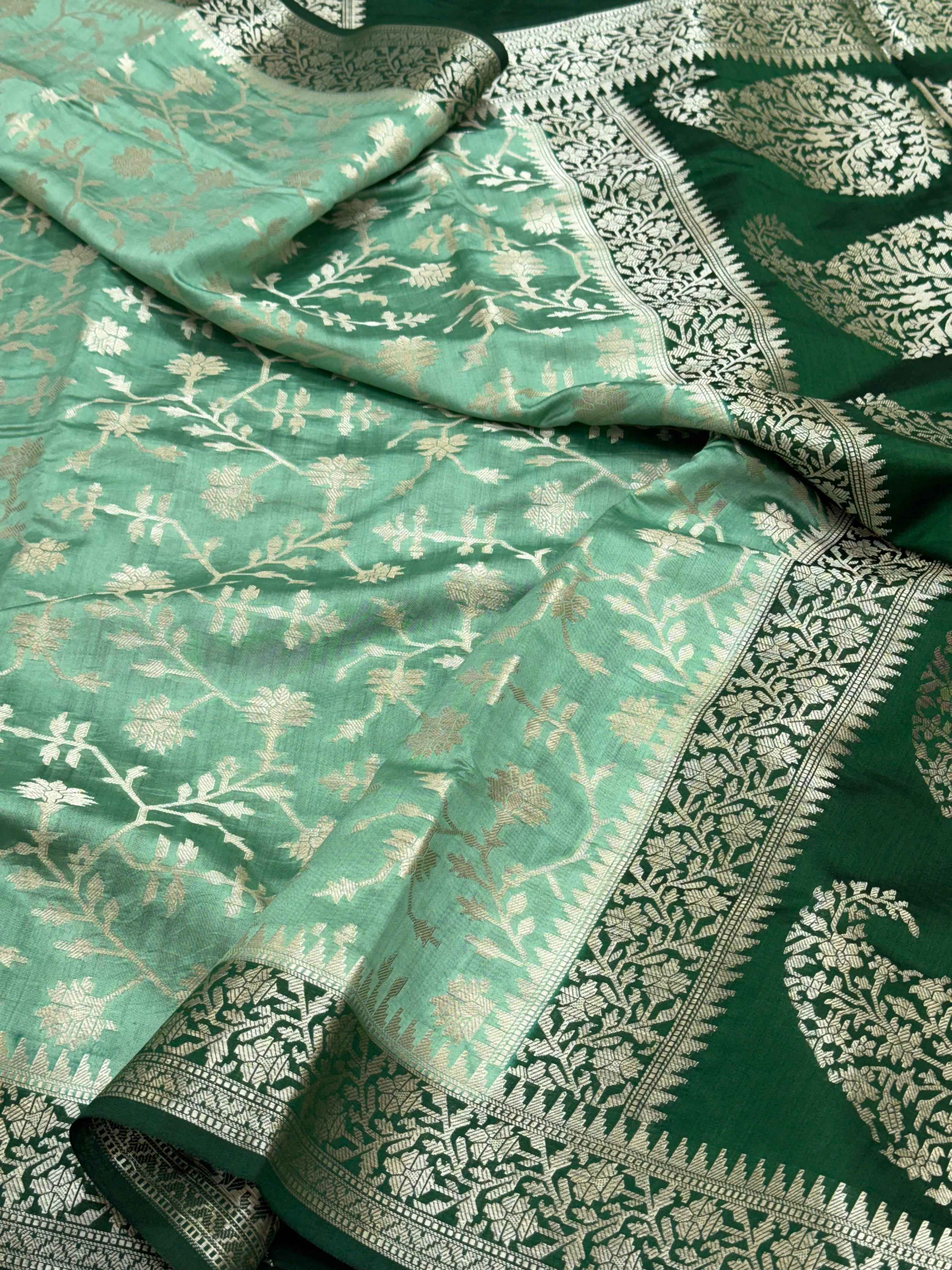 Sea Green Pure Mulberry Chiniya Silk Handloom Banarasi Saree - Soft Drape