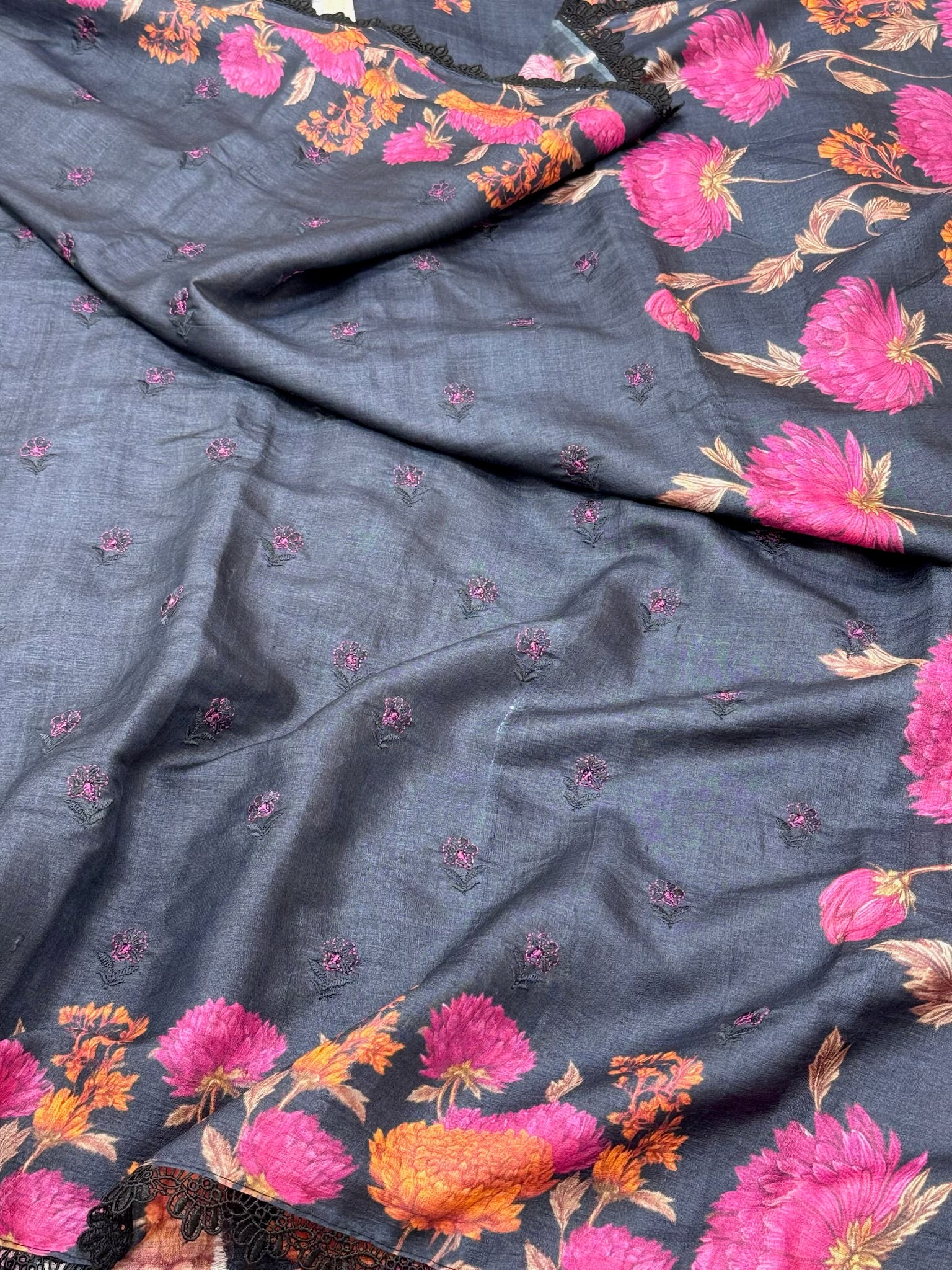 Dusty Blue Grey Pure Tussar Silk Handloom Printed with Embroidery Banarasi Saree - Soft Lightweight Banarasi Saree