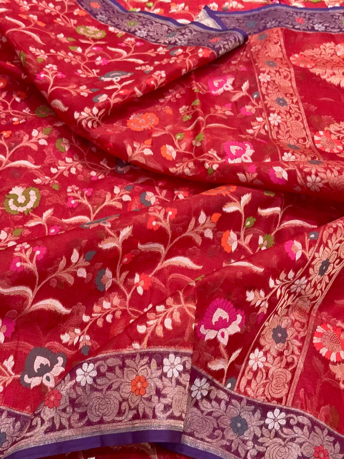 Red Banarasi 100% Pure Kora Silk Saree -Ektara Technique | Pure Handwoven Mulberry Silk Saree