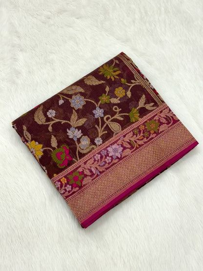 Chocolate Brown Pure Muslin Cotton Jamdani Handloom Banarasi Saree |Ektara Weave|
