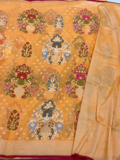 Orange Pure Muslin Cotton Jamdani Handloom Banarasi Saree - Ektara Weave